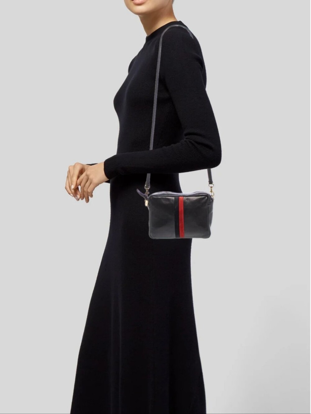 Clare V Midi Sac Leather Crossbody Bag with Red Stripe